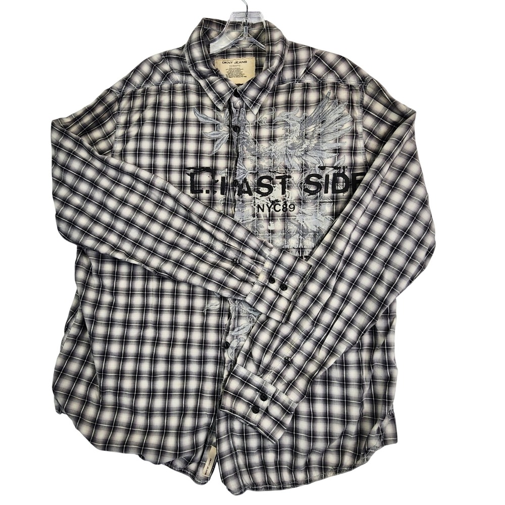 DKNY Jeans Black Plaid Graphic Shirt XXL Grunge Y2K East Side NYC Streetwear